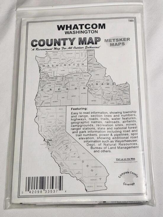 Other - Vintage 1994 Metsker Maps Recreational Map of Whatcom County, Washington B&W